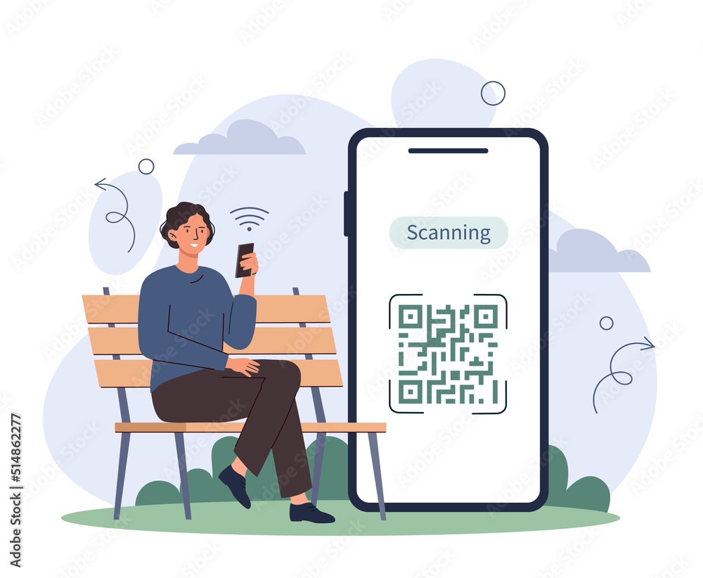 Poster qr code on screen. young girl using smartphone follows shortened link. modern technologies and digit