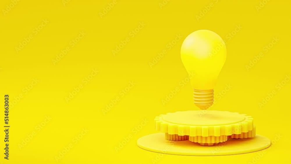 Poster yellow light bulb floating on gear. development creativity concept and minimal style. animation seam