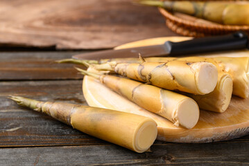 Bamboo shoot on wooden board prepare for cooking, Asian food ingredients