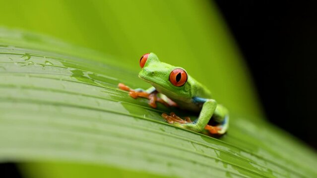 a front view of a red-eyed tree frog on a large leaf in a garden at sarapiqui of costa rica