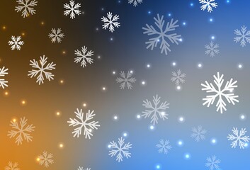 Light Blue, Yellow vector pattern with christmas snowflakes, stars.