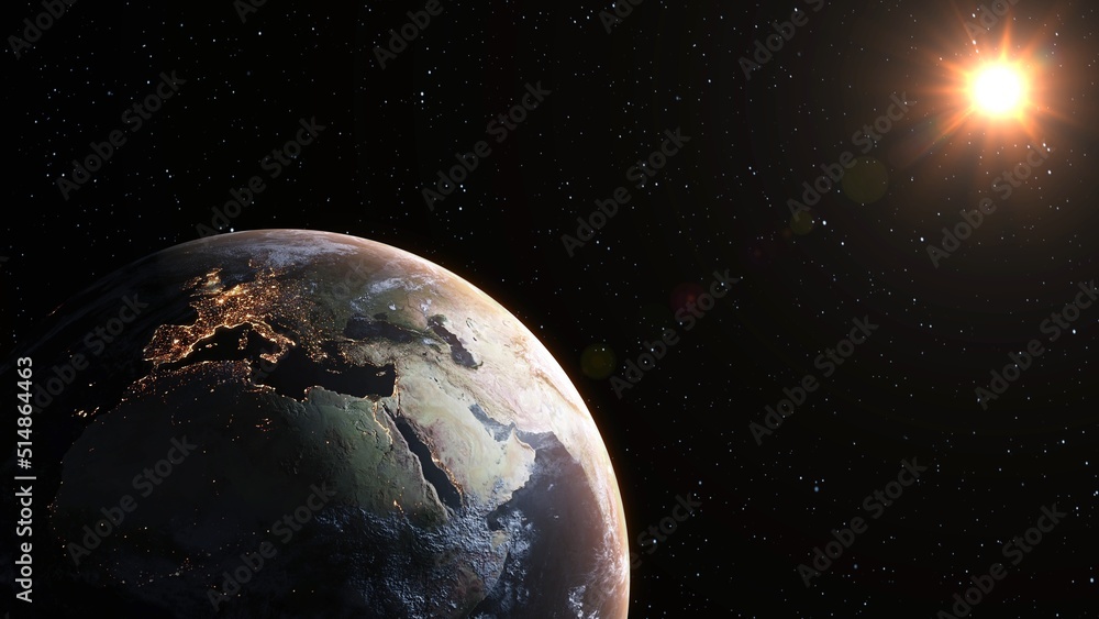 Poster planet earth with realistic geography surface and orbital 3d cloud atmosphere . outer space view of 