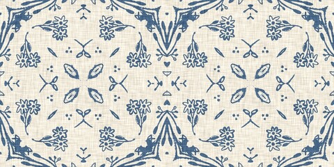 French blue floral french printed fabric border pattern for shabby chic home decor trim. Rustic farm house country cottage flower linen endless tape. Patchwork quilt effect ribbon edge.