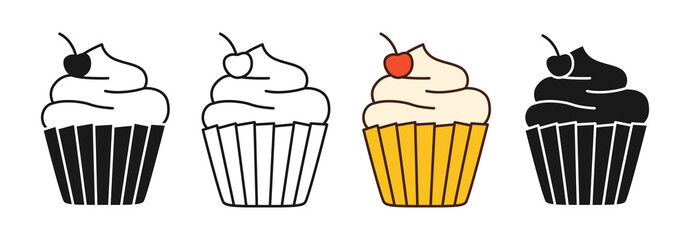 Cupcake linear doodle icon. Cartoon style or stamp simple contour muffin sign. Sweet pastries decorated cherry. Outline vector for game, web design or app, ui logo drawn