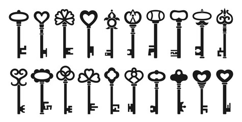 Key silhouette icon set. Old stamp keys for safety, security protection vintage, antique design element. Retro and modern private access symbol for logo, game, web or app ui icon locking encryption