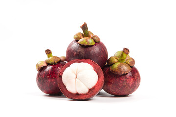Fresh Mangosteen fruit and half mangosteen isolated on white background