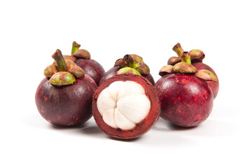 Fresh Mangosteen fruit and half mangosteen isolated on white background