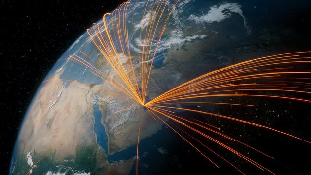Earth in Space. Orange Lines connect Doha, Qatar with Cities across the World. Global Travel or Business Concept.