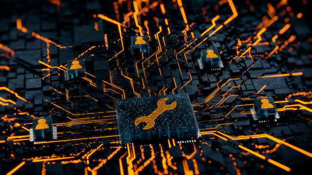 Configure Technology Concept with tool symbol on a Microchip. Orange Neon Data flows between Users and the CPU across a Futuristic Motherboard. 3D render.