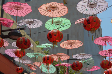 china town color hanged umbrellas