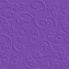 Swirls and spiral circles 3d emboss seamless pattern. Textured violet vector background. Abstract embossed 3d spirals, curves, swirl lines, flowers and circles ornament. Repeat relief floral backdrop