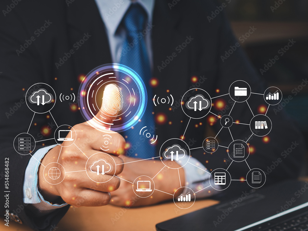 Poster a businessman scan fingerprint biometric identity to access personal data