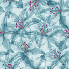 Large lily flowers. Vintage seamless pattern in a watercolor style. Pastel colors.