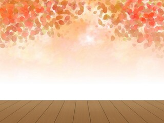 Naklejka na ściany i meble 紅葉した葉と木の板が描かれた背景イラスト