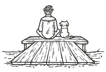 Man on the pier with a dog. Backpack traveler, nature explorer wonderer man. Outdoor camping adventres and activities with tent and campfire