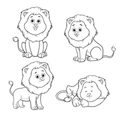 Obraz premium vector set of cute lion cartoon isolated on white. black and white illustration. Coloring Pages for kids.