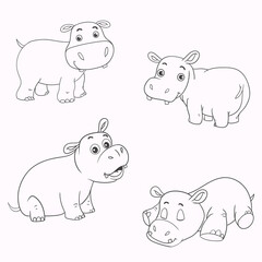 vector set of cute hippo cartoon isolated on white. black and white illustration. Coloring Pages for kids.
