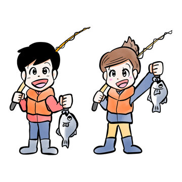 釣りをする男女のイラスト