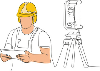 Close up of young Caucasian worker with helmet on head using tablet for work while standing in warehouse. Surveyor with a tripod icon. Geodesic tripod. Vector illustration