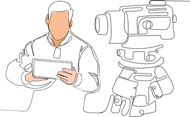 Close up of young Caucasian worker with helmet on head using tablet for work while standing in warehouse. Surveyor with a tripod icon. Geodesic tripod. Vector illustration