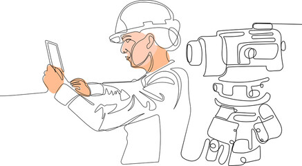 Close up of young Caucasian worker with helmet on head using tablet for work while standing in warehouse. Surveyor with a tripod icon. Geodesic tripod. Vector illustration