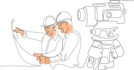 Close up of young Caucasian worker with helmet on head using tablet for work while standing in warehouse. Surveyor with a tripod icon. Geodesic tripod. Vector illustration