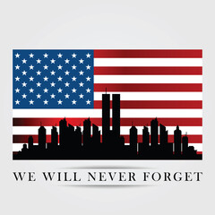 Twin Towers in New York City Skyline. September 11, 2001 vector poster. Patriot Day, September 11, We will never forget