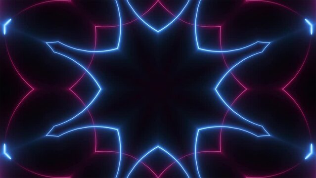 Abstract background with neon glowing kaleidoscope flower motion background. Seamless loop. Video animation. Ultra HD 4K 3840x2160