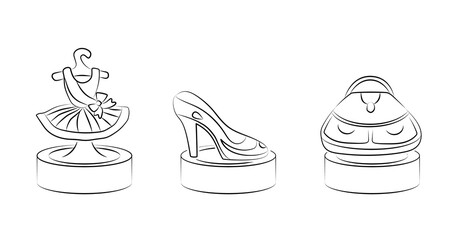 An evening dress, a woman's shoe, an elegant handbag are on podium. Showcase for a store and sale of everyday items. Gifts for ladies. Fashion accessories for luxury lifestyle. Sketch, linear drawing