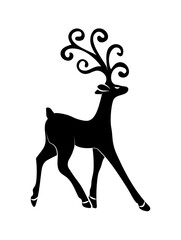 Elegant silhouette of fabulous deer with beautiful antlers. Proud deer icon. Application in tattoo parlors, coloring for children, printing on fabric. Merry christmas and happy new year symbols