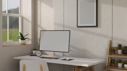 Minimal white home workplace interior design with pc computer mockup on the table