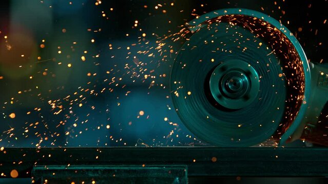 Super Slow Motion Of Cutting Iron Tube With Flex saw. Hard Working In Heavy Industry, Worker In Workshop. Low Depth Of Focus. Filmed On High Speed Cinema Camera, 1000 fps.