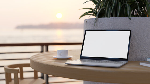 Beautiful Outdoor Workspace Or Restaurant Cafe Exterior Design With A Portable Notebook Laptop