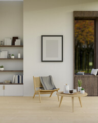 Minimal Scandinavian living room interior design with stylish wood chair, wood coffee table