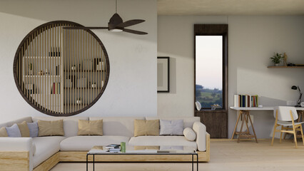 Modern contemporary home living room interior design with comfortable corner sofa and furniture