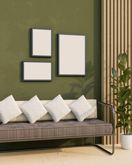 Comfortable living room, relaxing area interior with comfy sofa, frame mockup on green wall.
