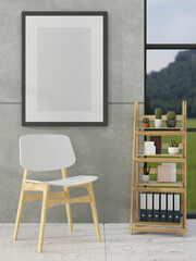 Modern blank picture frame mockup on the modern grey cement wall in the minimal living room