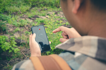 Men tourists in beautiful nature in tranquil scene.