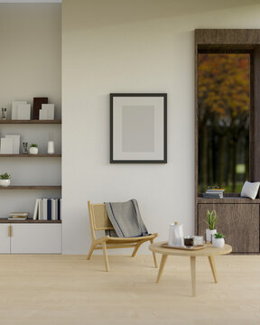 Minimal Scandinavian living room interior design with stylish wood chair, wood coffee table