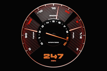 3D illustration new car interior details. Speedometer shows 247 km h , tachometer  with  black  backlight . Сlose up black car panel, digital bright speedometer in sport style.