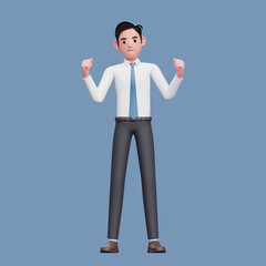 celebration of businessman wearing long shirt and blue tie, 3d businessman character on blue background