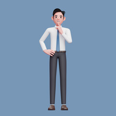 Thinking businessman wearing long shirt and blue tie on blue background