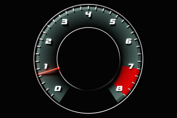 Fototapeta premium 3D illustration close up black car panel, digital bright tachometer.