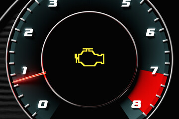 Fototapeta premium 3D illustration close up black car panel, digital bright tachometer, engine icon blinking on black isolated background