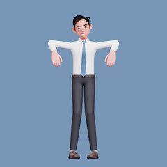 businessman marionette pose wearing long shirt and blue tie, 3d character illustration