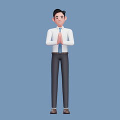 welcoming pose businessman wearing long shirt and blue tie, 3d character illustration