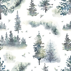Fototapeta premium Watercolor hand drawn forest seamless pattern with delicate illustration of coniferous trees spruce, fir, pine, foggy landscapes, birds. Elements isolated on a white background. Woodland wallpaper