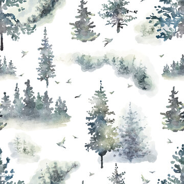 Watercolor hand drawn forest seamless pattern with delicate illustration of coniferous trees spruce, fir, pine, foggy landscapes, birds. Elements isolated on a white background. Woodland wallpaper