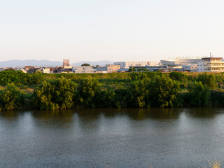 夕暮れの川沿いの風景