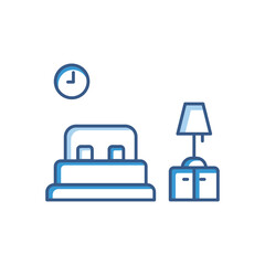 bedroom related icons. contains bed icon, wall clock, bed light. Two tone icon style. Simple design editable